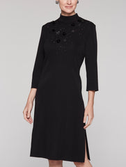 Mandarin Flower Trim Dress Color Black