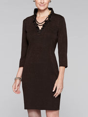 Ruffle Neck Lurex Dress Color Coffee/Gold