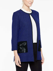 Floral Applique Pocket Jacket Color Black/Blue Flame