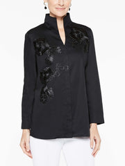 Cotton Blouse with Floral Applique Color Black