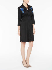 Floral Embroidered Smock Waist Dress Color Black/Blue Flame