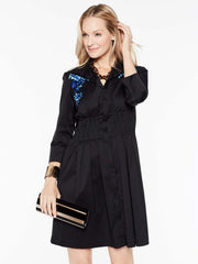 Floral Embroidered Smock Waist Dress Color Black/Blue Flame