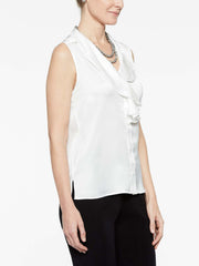 White Crepe de Chine Ruffle Waterfall Blouse