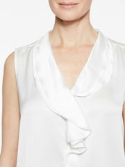White Crepe de Chine Ruffle Waterfall Blouse