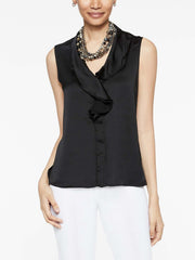 Black Crepe de Chine Ruffle Waterfall Blouse