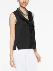 Black Crepe de Chine Ruffle Waterfall Blouse