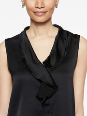 Black Crepe de Chine Ruffle Waterfall Blouse