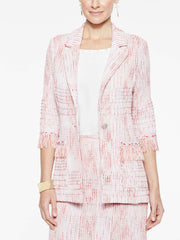 Fringe Trim Tweed Jacket Color Tangier Orange/Almond Beige/White