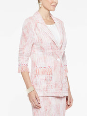 Fringe Trim Tweed Jacket Color Tangier Orange/Almond Beige/White